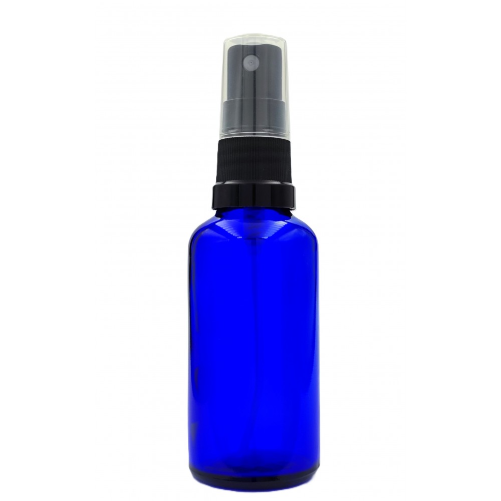 Butelka szklana niebieska z ATOMIZEREM czarnym 50ml